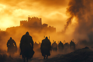 Barbarian raiders attacking medieval settlement at dawn.