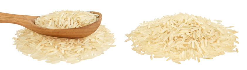 rice basmati in a wooden spoon isolated on white background