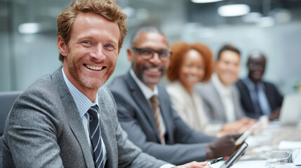 A diverse group of professional businesspeople in formal attire gather around a sleek conference table, actively engaged in a productive meeting. Generative AI