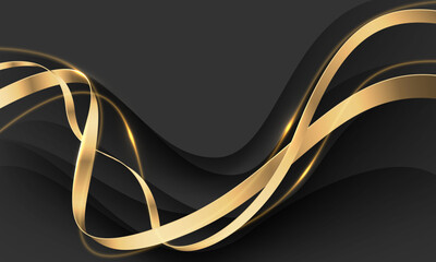 Abstract gold ribbon curve overlap on black luxury background vector