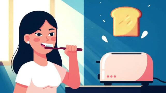 Woman Brushing Teeth, Toasting Bread, Morning Routine, Kitchen, Breakfast