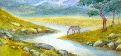 Watercolor landscape. A horse drinks from a mountain stream