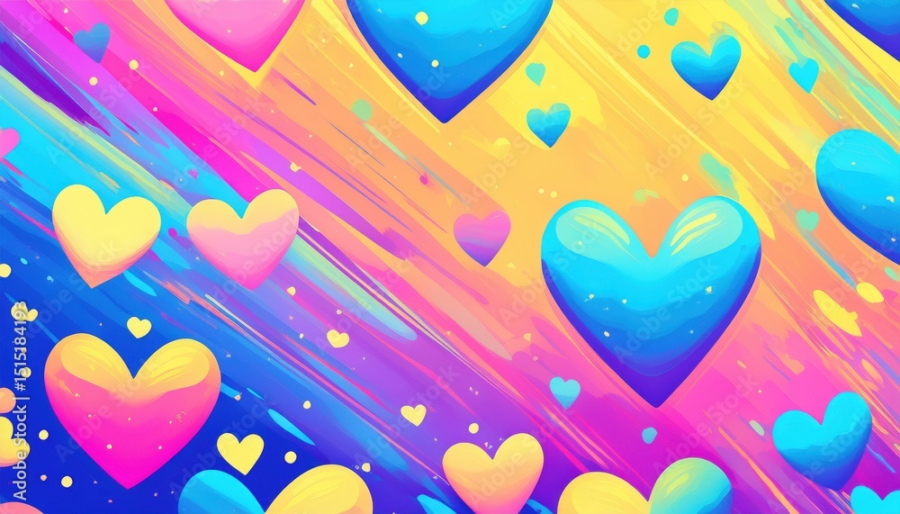 Poster vibrant multicolored heart with dynamic brush stroke background in neon rainbow tones for digital ar