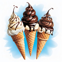 Swirled soft-serve ice cream in a waffle cone, topped with glossy chocolate syrup. The ice cream features creamy white and light beige tones, creating an appealing contrast.