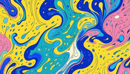 Obraz premium vibrant abstract fluid pattern with swirling blue, yellow, teal, and pink paint drops for modern web design, poster background, branding texture, or digital art wallpaper