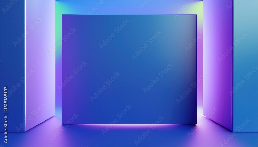 Poster minimalist 3d violet display frame with soft neon lighting on gradient blue background for modern web design, product mockup, digital branding, or abstract visual art composition

