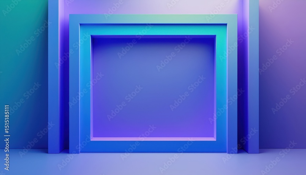 Poster minimalist 3d violet display frame with soft neon lighting on gradient blue background for modern we