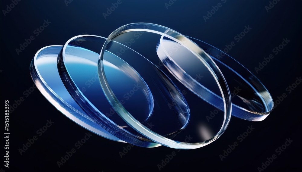Poster transparent optical glass lens trio on dark blue gradient background for tech branding, ai interface