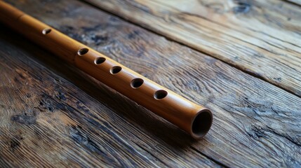 Fototapeta premium Traditional Wooden Flute on Rustic Surface