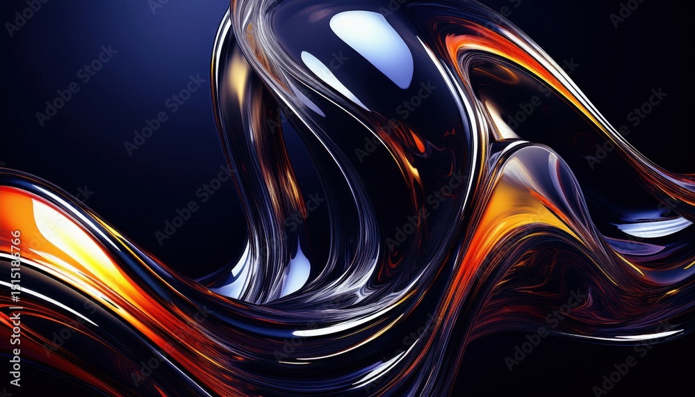 Poster fluid chrome wave with fiery orange and deep violet highlights on dark background, abstract metallic