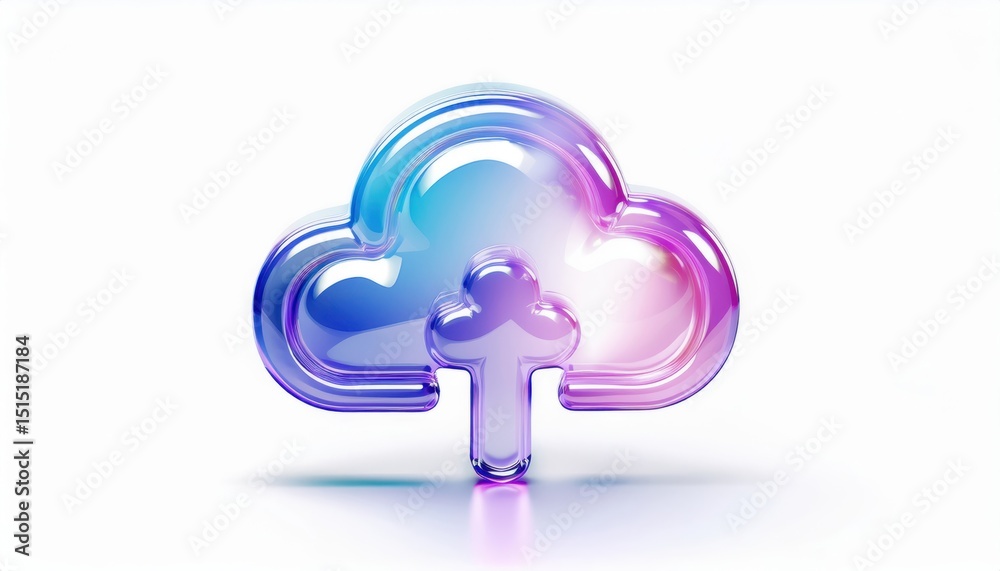 Poster glossy transparent cloud icon with gradient blue pink hues and upload symbol on white background for modern web interface, branding asset, app design, or tech print illustration

