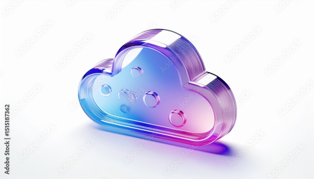 Aufkleber glossy transparent cloud icon with gradient blue pink hues and upload symbol on white background for modern web interface, branding asset, app design, or tech print illustration

