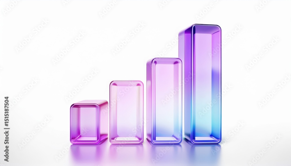 Poster glossy transparent 3d bar chart in gradient pink and blue on white background for infographic, tech branding, data analytics concept, web design element, or business presentation

