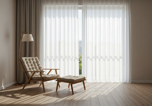 The minimalist interior design is bright with sunlight, featuring sheer curtains and light wood floors. A cushioned wooden chair and footrest are placed near the window.
