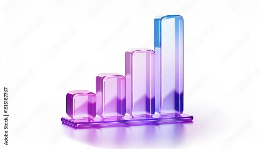 Poster glossy transparent 3d bar chart in gradient pink and blue on white background for infographic, tech branding, data analytics concept, web design element, or business presentation

