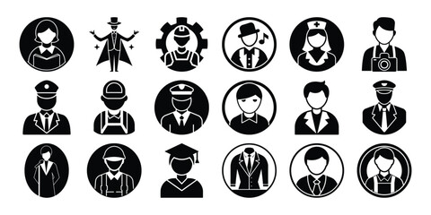 A collection of black and white silhouette icons representing a wide range of professions and occupations, including creative, technical, service, healthcare, and business roles