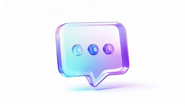 3d translucent chat bubble icon with purple and blue gradient gloss, symbolizing digital conversation and messaging, ideal for ui design, branding, mobile app interface, or tech promo

