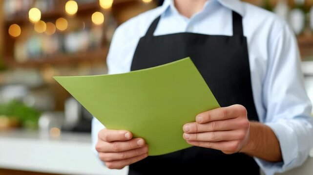 Person in Apron Holding Green Menu in Cozy Cafe with Warm Lighting in Background