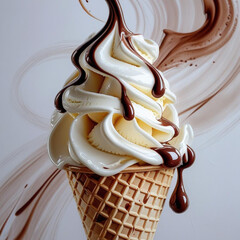 Swirled soft-serve ice cream in a waffle cone, topped with glossy chocolate syrup. The ice cream features creamy white and light beige tones, creating an appealing contrast.