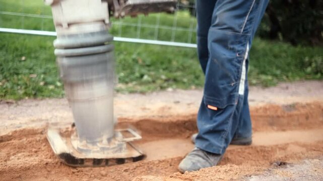 Close-up of a vibrating plate compactor being used by a worker to compact soil or sand at a construction site. The worker's legs in workwear are visible next to the equipment. Concept of groundwork
