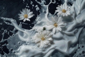 Three white daisies are delightfully splashing in milk