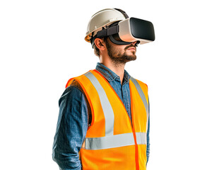 Fototapeta premium Construction worker using virtual reality headset on transparent background, PNG