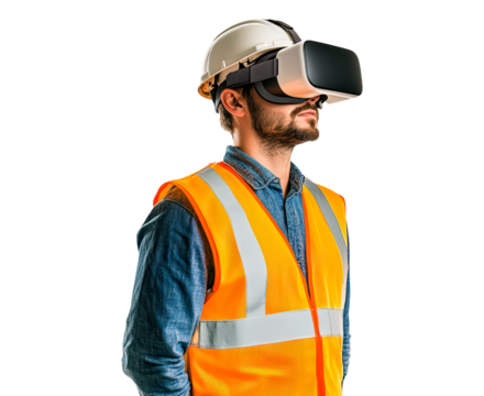 Construction worker using virtual reality headset on transparent background, PNG