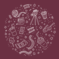 Hand drawn online Cinema doodle icons background. Abstract tv camera, 3d glasses, popcorn, stars. Movie film wallpaper, video reel vintage collection
