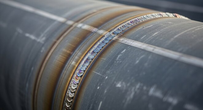 Close up of a large metal pipe with a visible fresh weld seam. Industrial pipeline for city water system maintenance and construction concept.