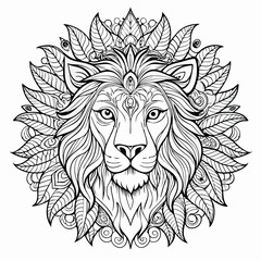 Obraz premium Lion head mandala with leaves detailed line art for coloring book