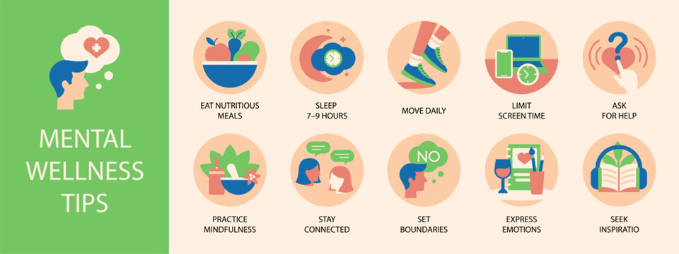 Mental Wellness Vector Infographic with Flat Icons for Healthy Lifestyle
