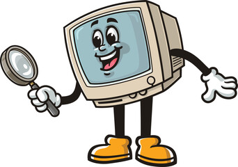 Retro computer character cartoon holding a magnifying glass