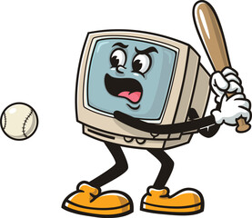 Retro computer character cartoon playing baseball