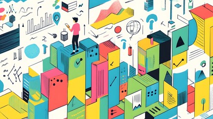 Obraz premium Colorful, abstract city scene with figures and graphic elements.