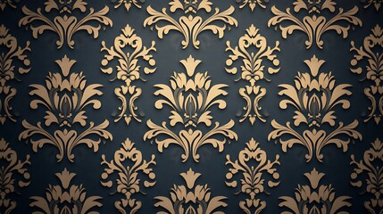 Elegant gold floral damask pattern on a dark blue background