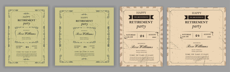 Set of retirement party invitation, square banner, instagram story and a4 poster, vector illustration eps 10