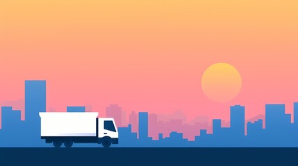 Obraz premium Delivery Truck Silhouette at Sunset Over City Skyline. Concept of logistics, transportation, delivery service, urban landscape.