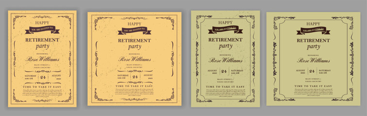 Set of retirement party invitation, square banner, instagram story and a4 poster, vector illustration eps 10
