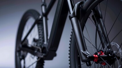 Obraz premium Close up detail of a modern black mountain bike's front suspension fork. High quality, durable, and stylish design for off road cycling.