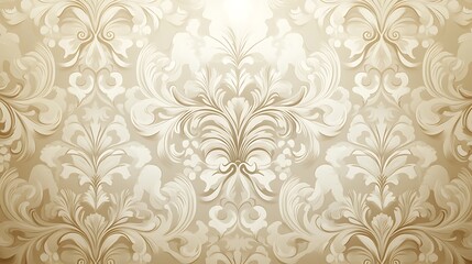 Elegant beige and gold damask pattern with intricate floral motifs, creating a luxurious and classic wallpaper design