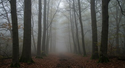 Obraz premium A misty forest with bare trees and a path covered in fallen leaves, creating a serene and mysterious atmosphere.