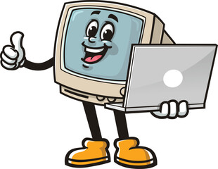 Retro computer character cartoon holding laptop