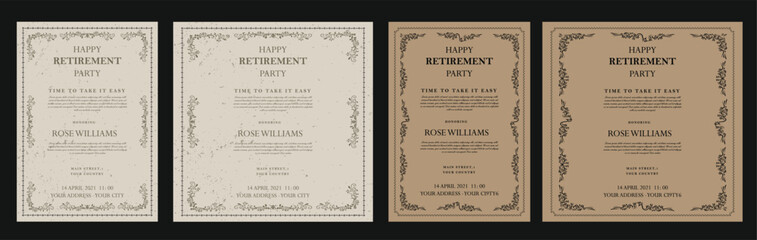 Set of retirement party invitation, square banner, instagram story and a4 poster, vector illustration eps 10