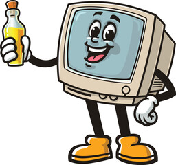 Retro computer character cartoon holding a bottle of oil