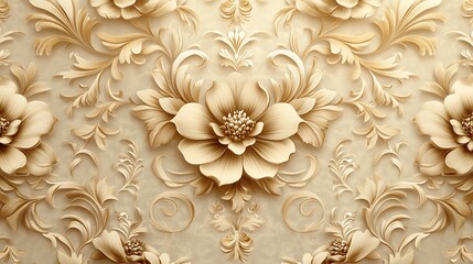 Elegant beige and gold damask pattern with intricate floral motifs, creating a luxurious and classic wallpaper design