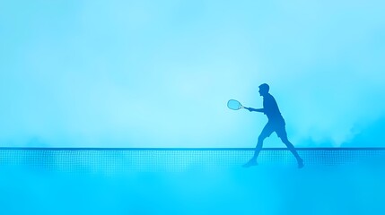 Naklejka premium Abstract silhouette of a tennis player in action against a vibrant blue background. Concept of sports, fitness, competition, and dynamic movement.