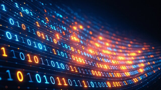 Glowing blue and orange binary code streams are flowing on a dark background, creating a futuristic visual representation of modern technology and data flow