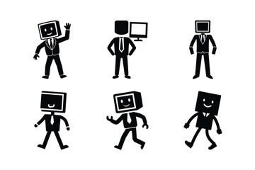 Computer Headed Businessmen Black and White Vector Icons
