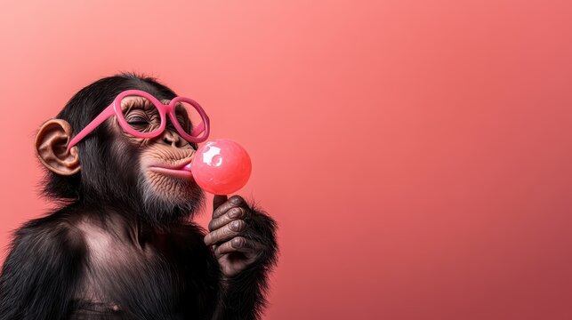 An adorable monkey wearing pink glasses, playfully licking a bright lollipop, capturing the playful spirit and innocence often associated with youth and joy.