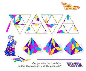 Logic game for the smartest. Can you color the templates so that they correspond all the pyramids? 3D puzzle. Coloring book. Developing spatial thinking skills. Brain teaser book. Vector illustration